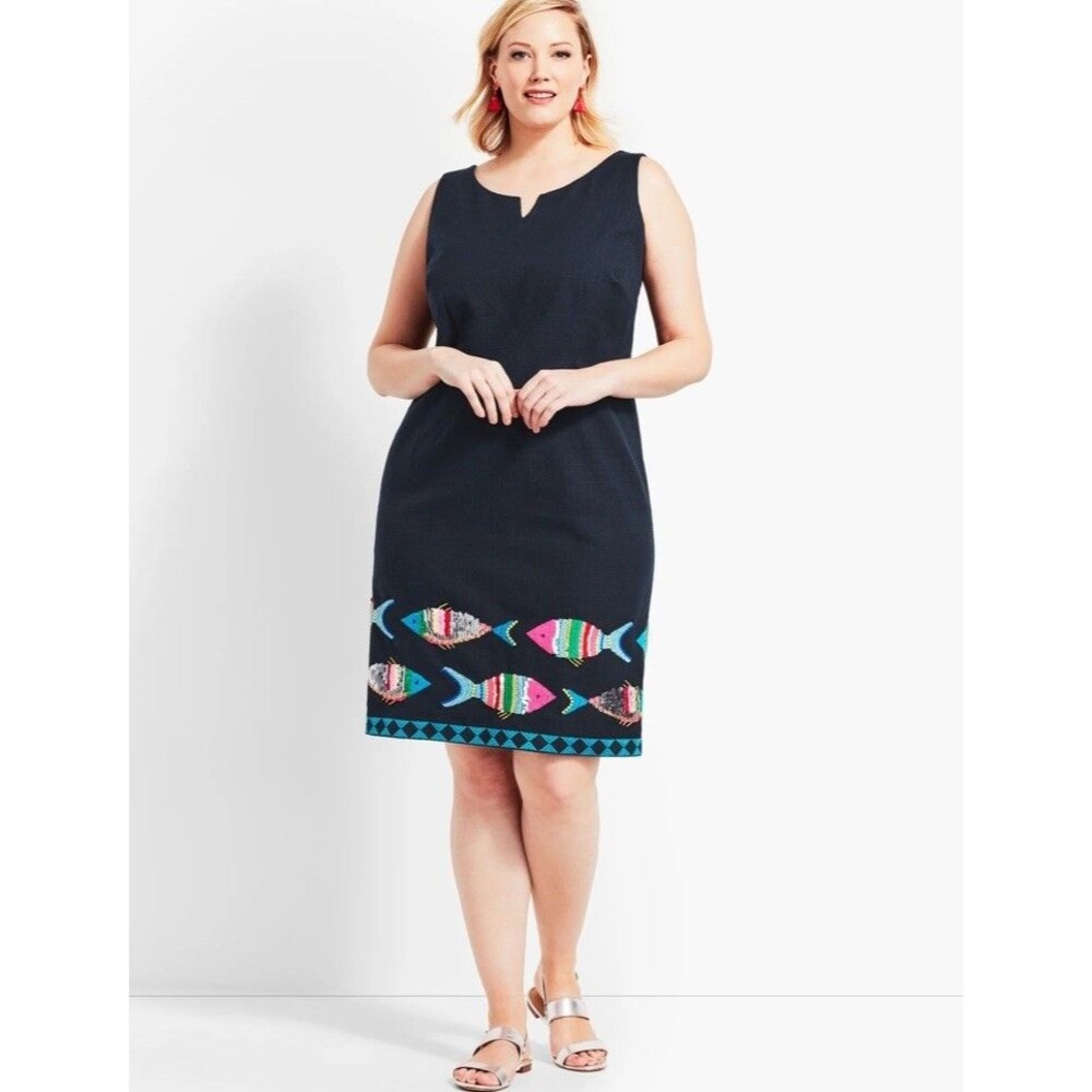 Talbots Shirt Dress Shift 16 Navy Blue Fish Nautical Embroidered Sequin Cotton